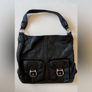 Michael Kors Women’s Black Textured Leather Shoulder Bag Flap Pockets Buckles